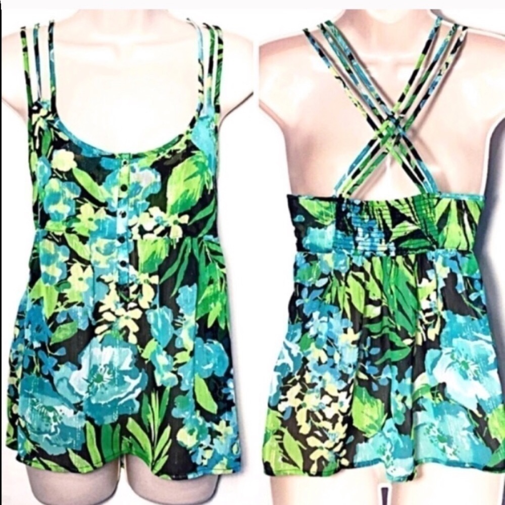Aeropostale tropical floral tank top pullover strappy scooop neck green small